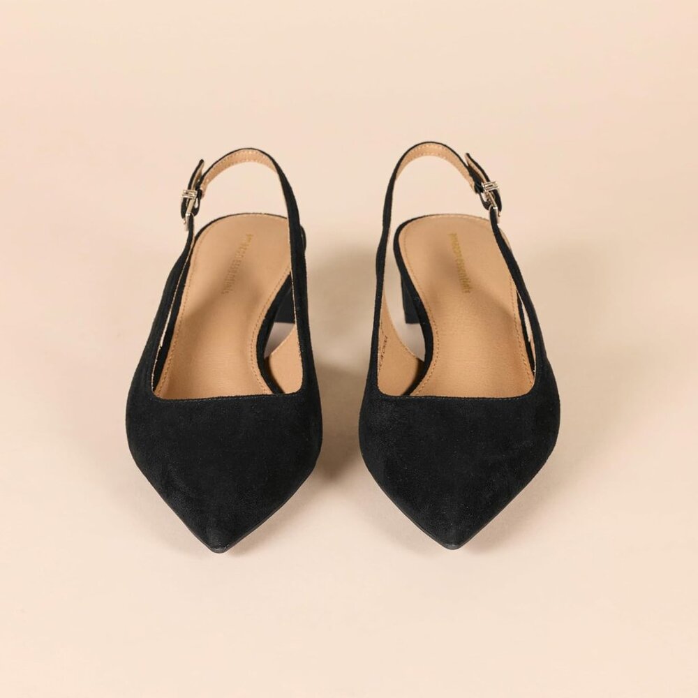 Women's Black Faux Suede Pointed Toe Imported Slingback Comfort Blocked Heels - Picture 5 of 6